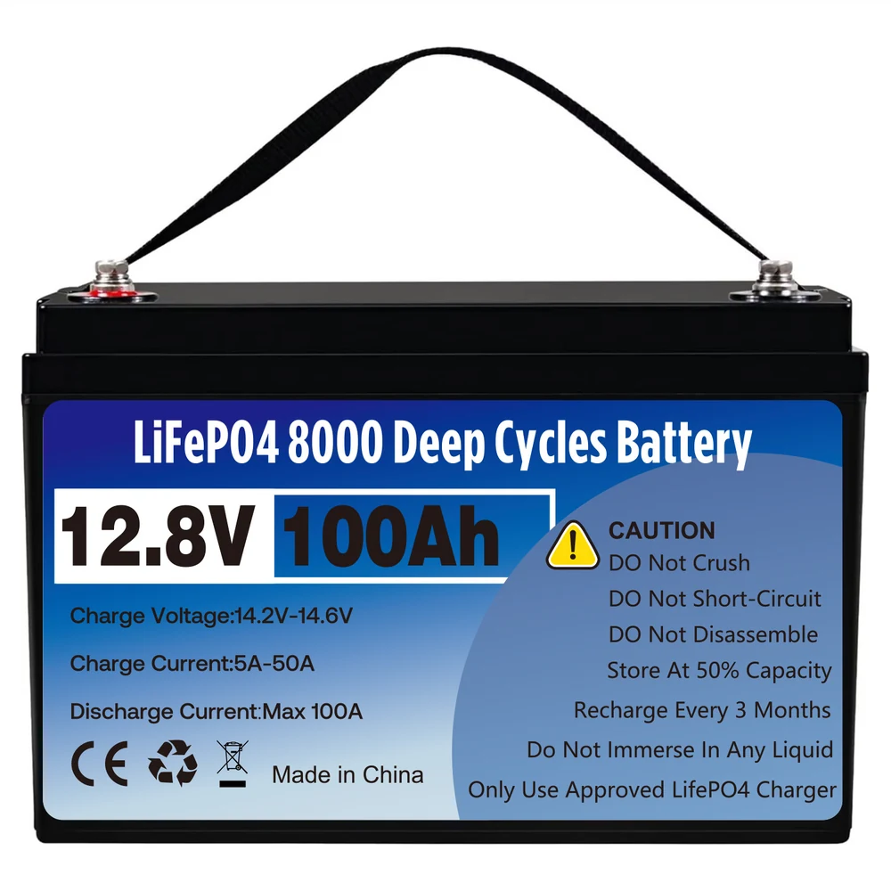 12V 100Ah LiFePO4 battery label and terminals